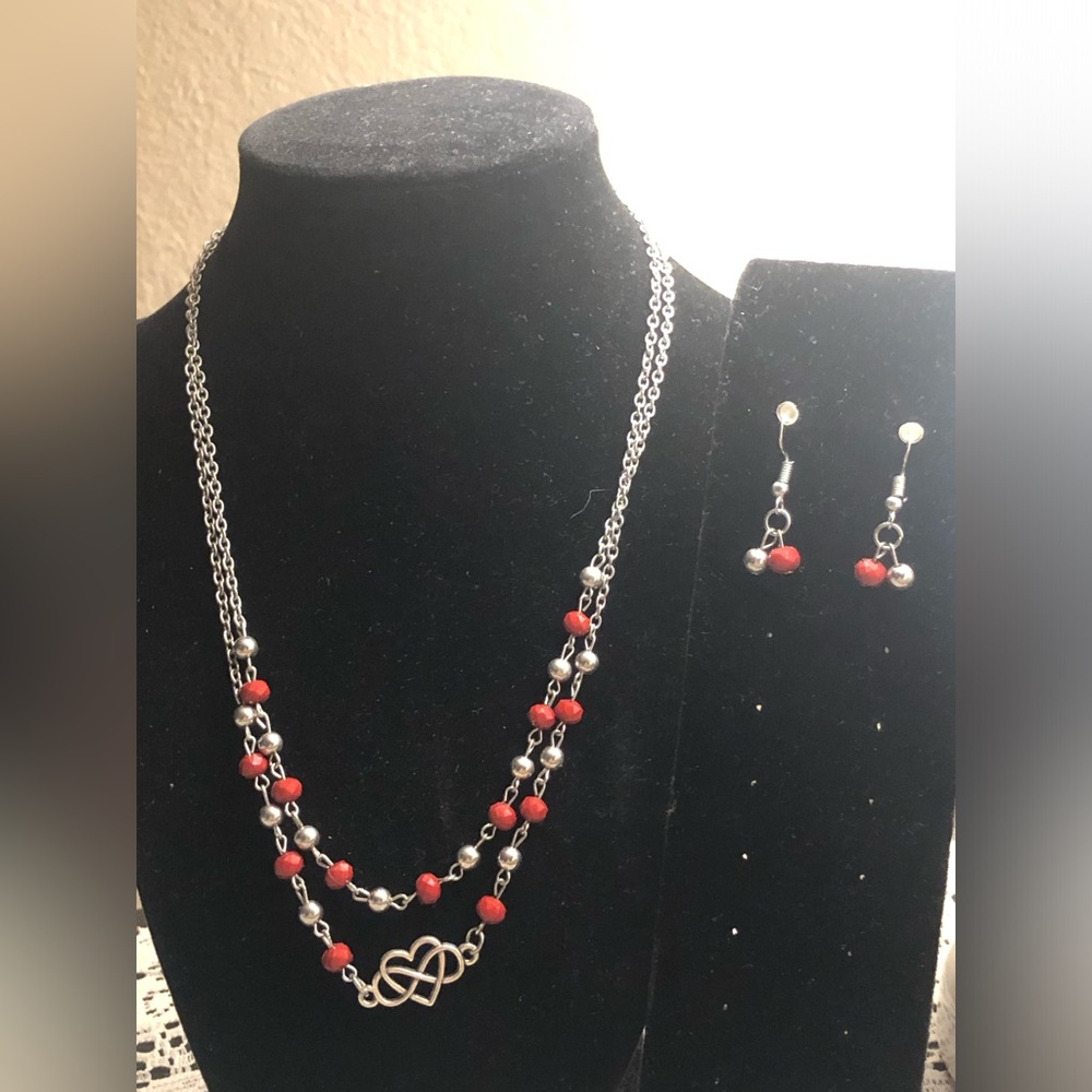 Silver and Red Beaded Necklace and Earring Set